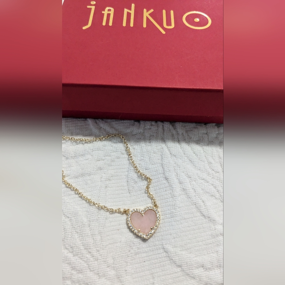 Jankuo 14K Gold Plated Pink Crystal & Cubic Zirconia Pendant Necklace New in Box